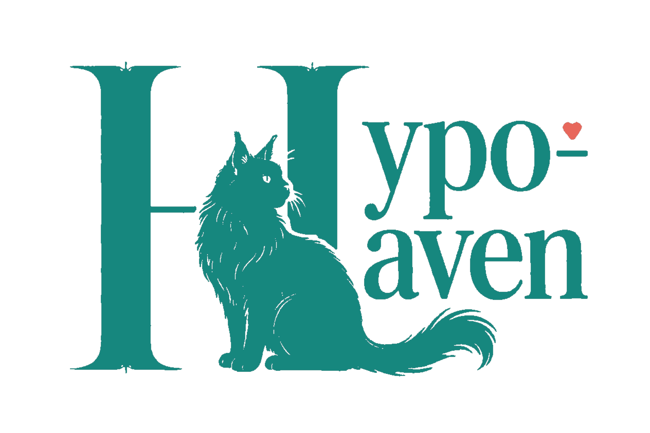 Hypo-Haven Siberians logo with non-cursive lettering, a fluffy Siberian cat silhouette, and a small heart